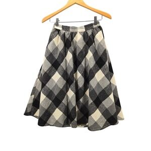 ModCloth Women Black Gray Buffalo Plaid Wool Blend Checkered A-Line Midi Skirt S